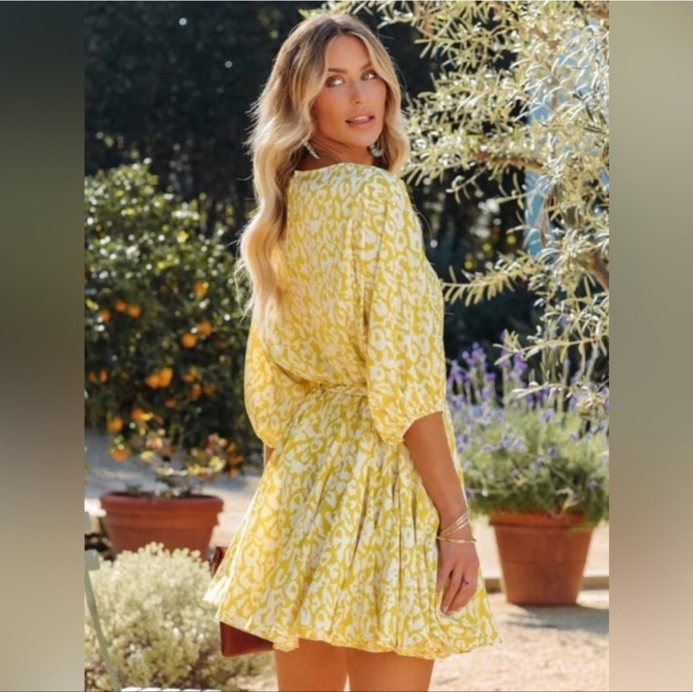 Aakaa Leopard Rope Tie Dress In Yellow - Picture 2 of 5